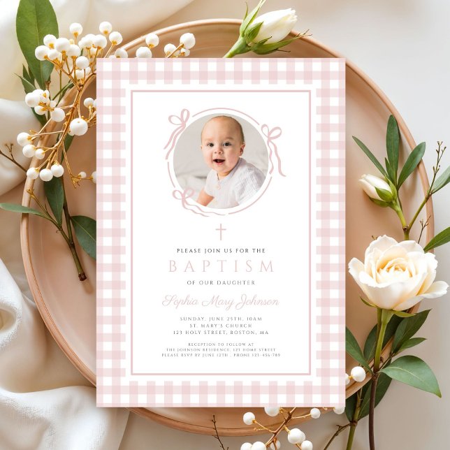 Convite Elegant Blush Pink Gingham Photo Girl Baptism (Elegant Blush Pink GIngham Photo Girl Baptism Invitation)
