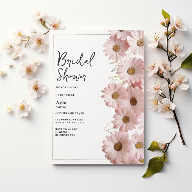 Convite Elegant blush pink gold daisy floral Bridal Shower (Elegant blush pink gold daisy floral Bridal Shower)