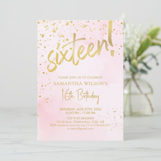 Convite Elegant Blush Pink & Gold Sixteen Birthday (Em pé/Frente)