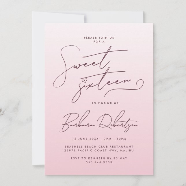 Convite Elegant Blush Pink Gradient Script Sweet Sixteen (Frente)