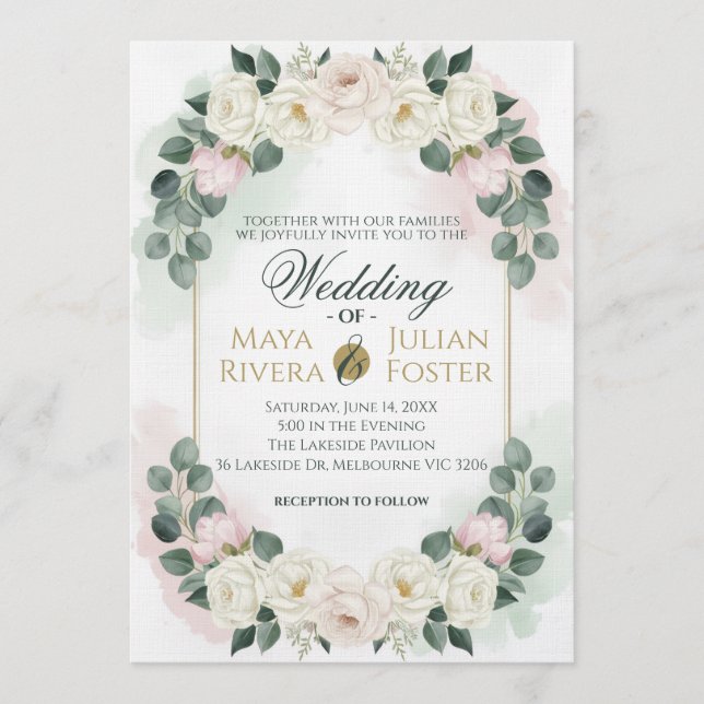 Convite Elegant Blush Pink & Green Floral Wedding Invitati (Frente)