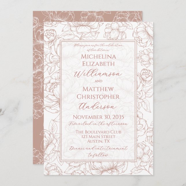 Convite Elegant Blush Pink Hand-Drawn Floral Wedding  Invi (Frente/Verso)