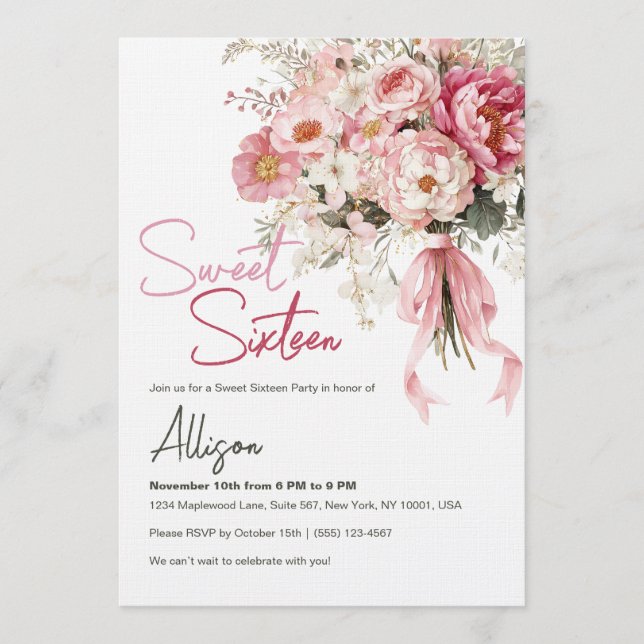 Convite Elegant Blush Pink Peony Floral Sweet Sixteen (Frente)