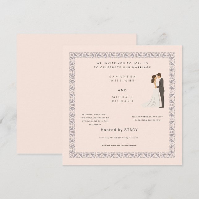 Convite Elegant Blush Pink Wedding Invitation - Customizab (Frente/Verso)