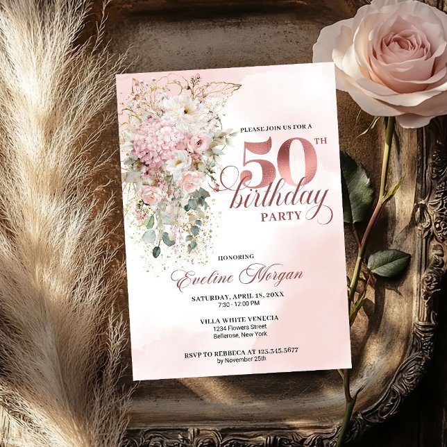 Convite Elegant Blush Rose Gold Eucalyptus 50th Birthday  (Elegant Blush Rose Gold Eucalyptus 50th Birthday Invite)