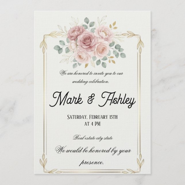 Convite Elegant Blush Rose & Gold Frame Wedding Invitation (Frente)