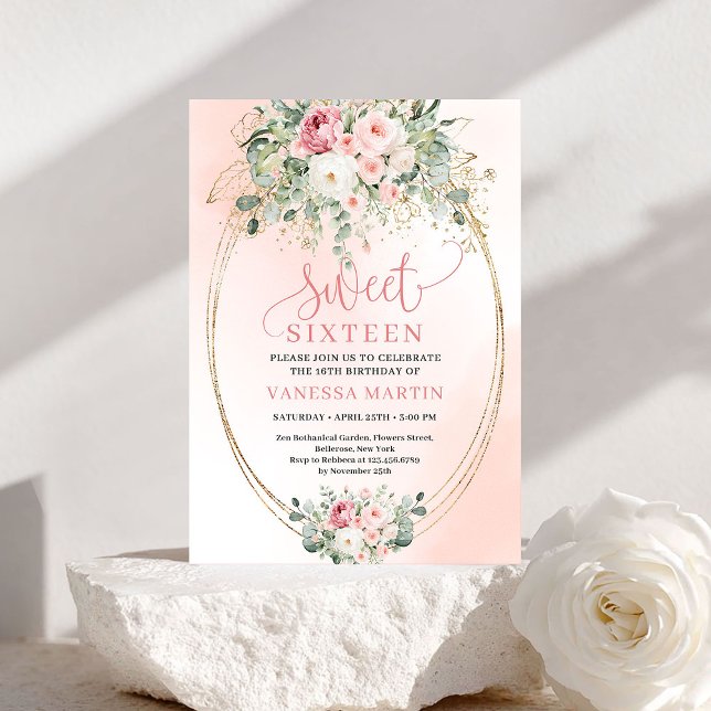 Convite Elegant Blush Rose Gold Sweet Sixteen Invitation (Elegant Blush Rose Gold Sweet Sixteen Invitation)