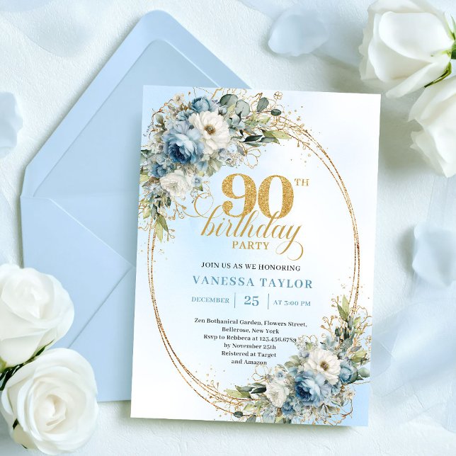 Convite Elegant Bohemian Blue White Floral Gold 90th Bday (Elegant Bohemian Blue White Floral Gold 90th Birthday)