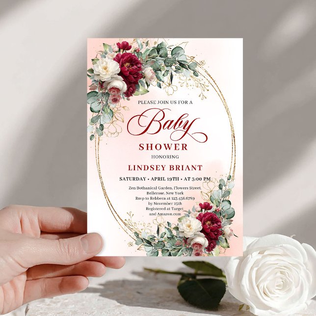 Convite Elegant Bohemian Burgundy Eucalyptus Baby Shower (Elegant Bohemian Burgundy Eucalyptus Baby Shower)