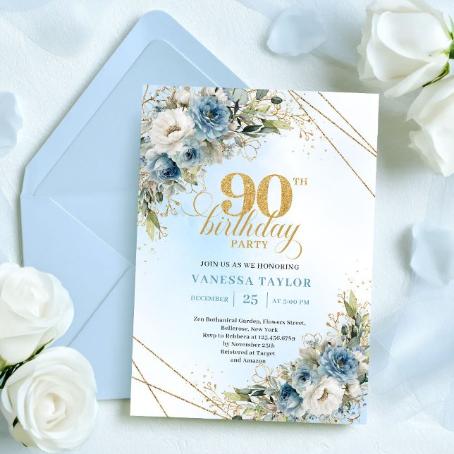 Convite Elegant Bohemian Dusty Blue White Floral 90th Bday (Elegant Bohemian Dusty Blue White Floral 90th Birthday)