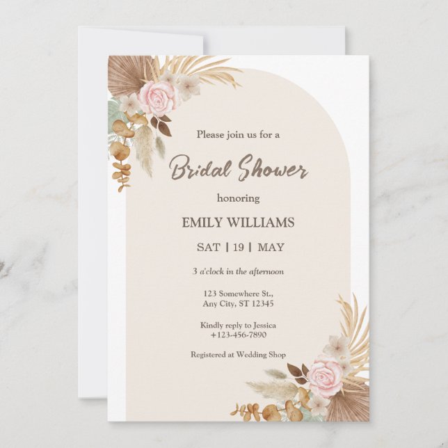 Convite Elegant Bohemian Floral Pampas Grass Bridal Shower (Frente)