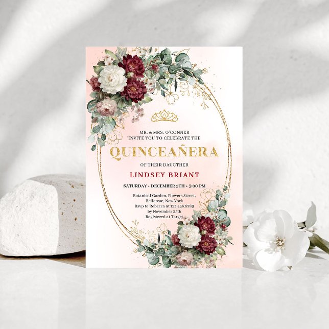 Convite Elegant Bohemian Marsala Flowers Gold Quince (Elegant Bohemian Marsala Flowers Gold Quince Invitation)