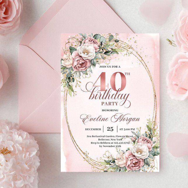 Convite Elegant Bohemian Powder Pink Flowers 40th Birthday (Elegant Bohemian Powder Pink Flowers 40th Birthday Invitation)