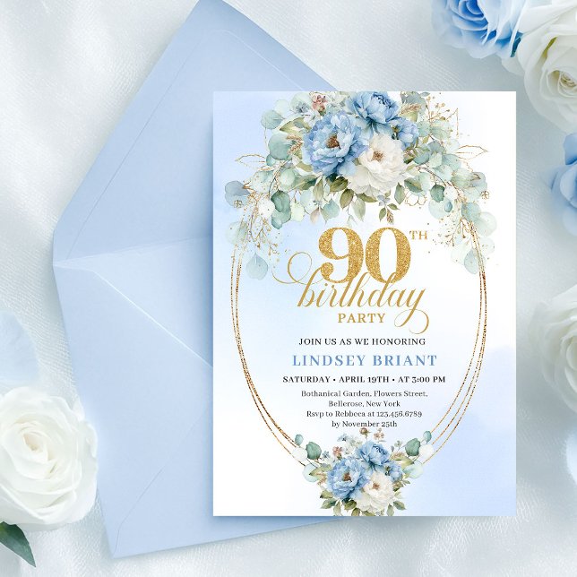 Convite Elegant Boho Blue Floral 90th Birthday Invitation (Elegant Boho Blue Floral 90th Birthday Invitation)