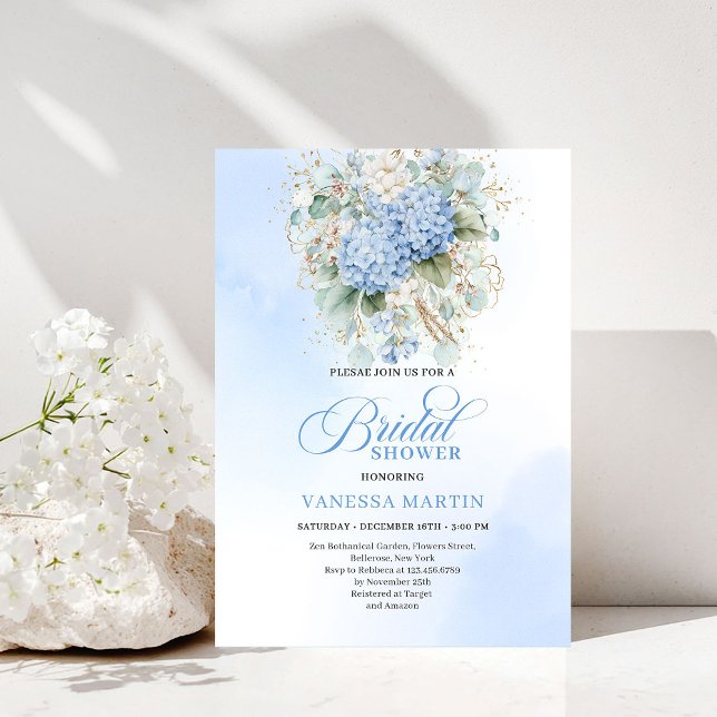 Convite Elegant Boho Blue Hydrangea Gold Bridal Invitation (Elegant Boho Blue Hydrangea Gold Bridal Invitation)