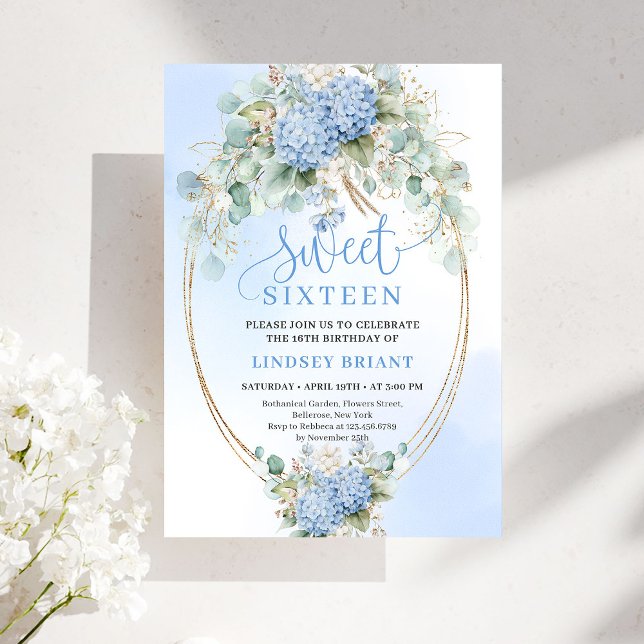 Convite Elegant Boho Blue Hydrangeas Sweet Sixteen Invite (Elegant Boho Blue Hydrangeas Sweet Sixteen Invite)