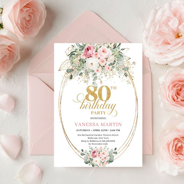 Convite Elegant Boho Blush Roses 80th Birthday Invitation  (Elegant Boho Blush Roses Greenery Gold 80th Birthday)