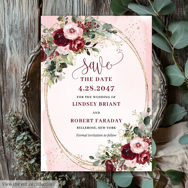 Convite Elegant Boho Burgundy Blush Gold Floral Save Date (Elegant Boho Burgundy Blush Gold Floral Save Date)