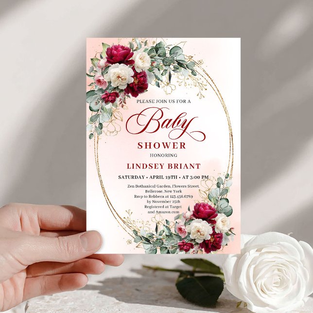 Convite Elegant Boho Burgundy Gold Baby Shower Invitation (Elegant Boho Burgundy Gold Baby Shower Invitation)