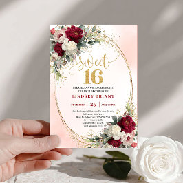 Convite Elegant Boho Burgundy Gold Floral 16th Birthday 