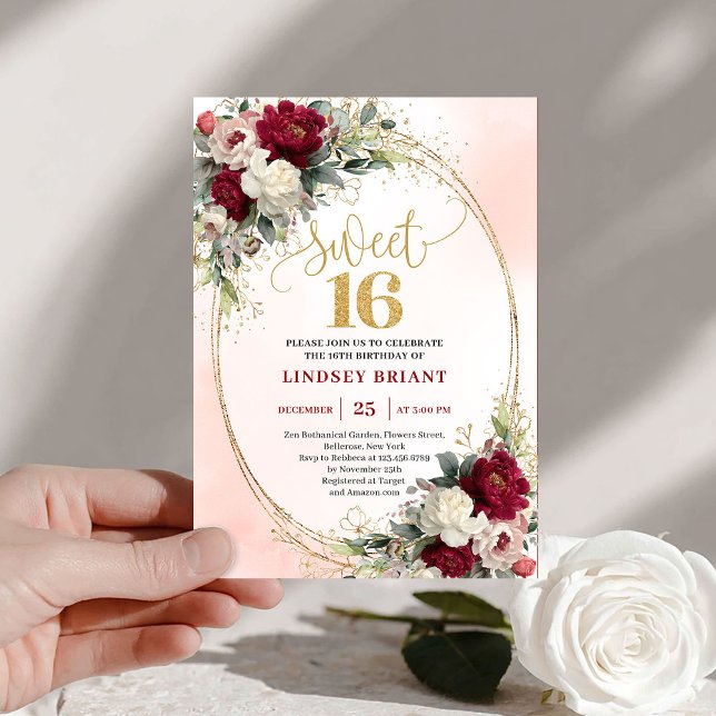 Convite Elegant Boho Burgundy Gold Floral 16th Birthday  (Elegant Boho Burgundy Gold Floral 16th Birthday Invite)