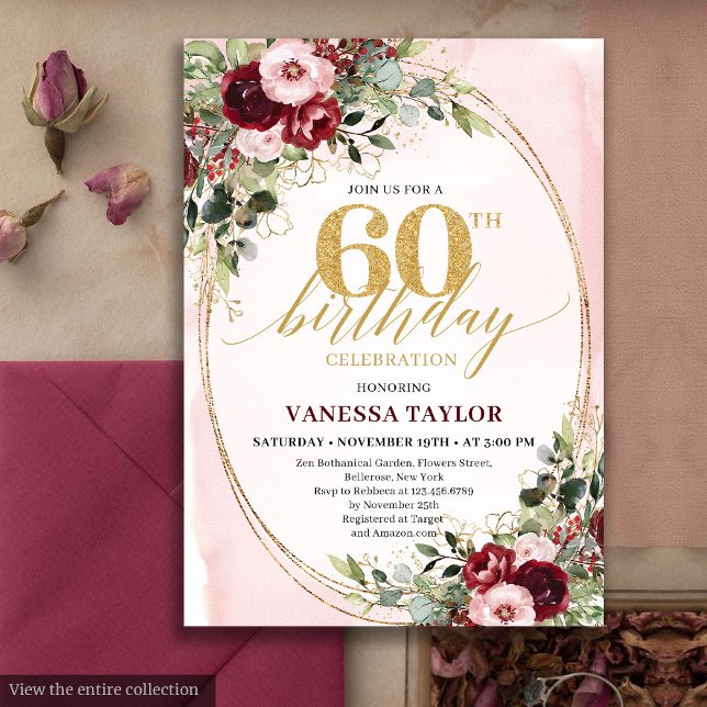 Convite Elegant Boho Burgundy Gold Floral 60th Birthday (Elegant Boho Burgundy Gold Floral 60th Birthday)