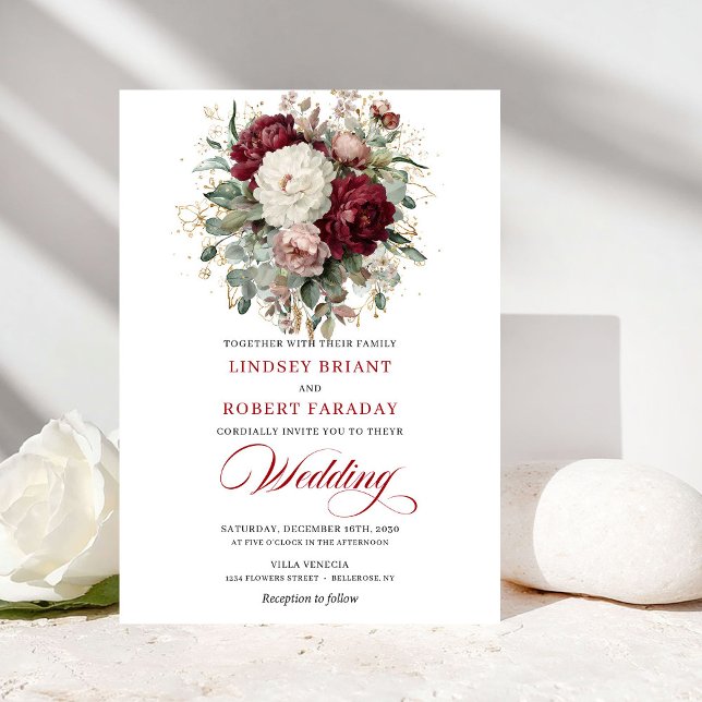 Convite Elegant Boho Burgundy White Floral Gold Wedding  (Elegant Boho Burgundy White Floral Gold Wedding Invitation)