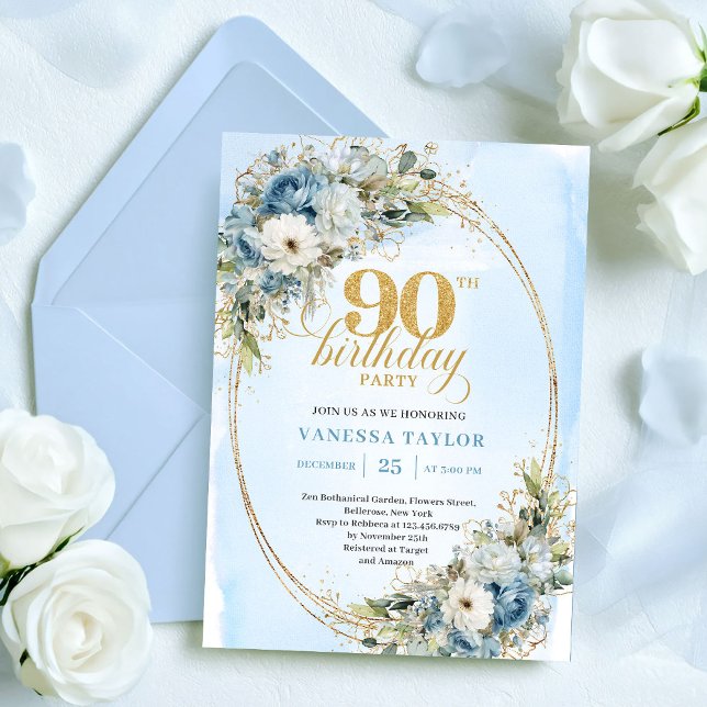 Convite Elegant Boho Dusty Blue Floral Gold 90th Birthday (Elegant Boho Dusty Blue Floral Gold 90th Birthday Invitation)