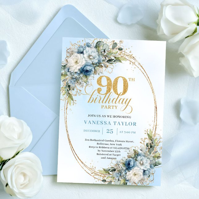 Convite Elegant Boho Dusty Blue Floral Gold 90th Birthday (Elegant Dusty Blue Floral Gold 90th Birthday Invite

)