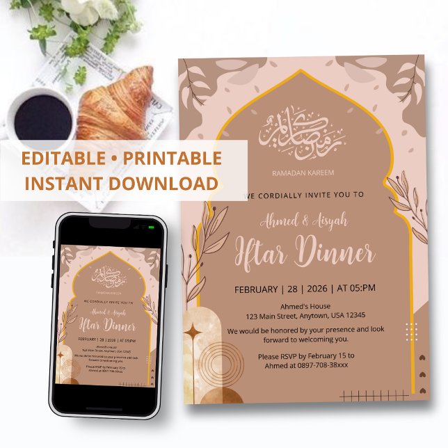 Convite Elegant Boho Earth Tone Islamic Arch Iftar Dinner (Criador carregado)