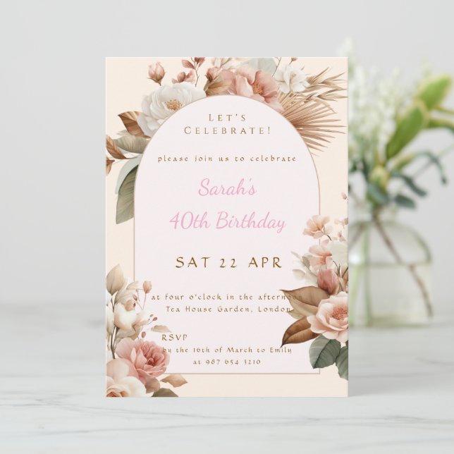 Convite Elegant Boho Floral Birthday Invite (Em pé/Frente)