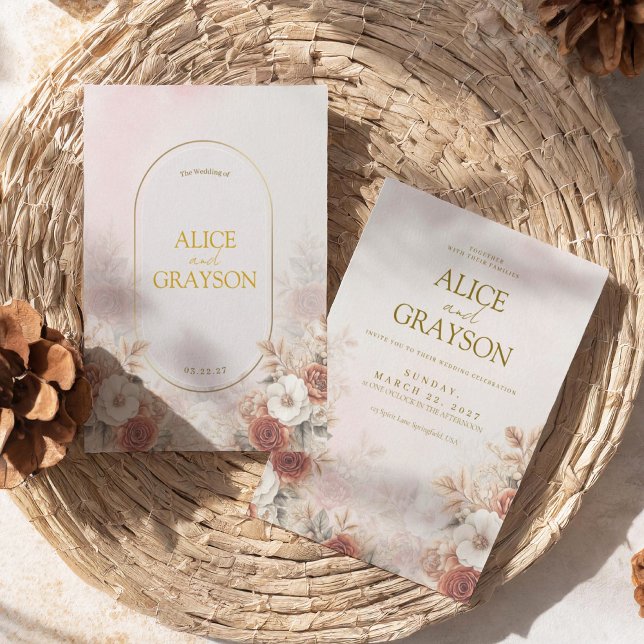 Convite Elegant Boho Floral Cream Pink Modern Wedding (Criador carregado)