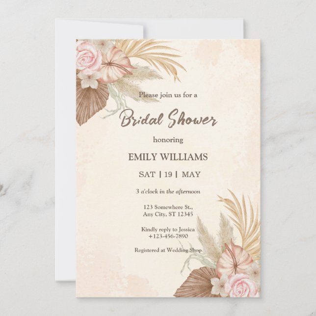 Convite Elegant Boho Floral Pampas Grass Bridal Shower (Frente)