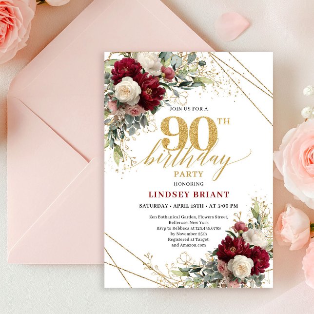 Convite Elegant Boho Maroon White Roses Gold 90th Birthday (Elegant Maroon White Roses Gold 90th Birthday Invite)