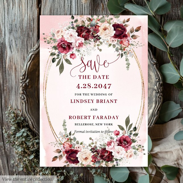 Convite Elegant Boho Marsala Blush Gold Floral Save Date (Elegant Boho Marsala Blush Gold Floral Save the Date

)