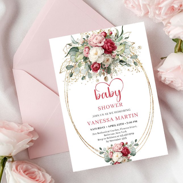 Convite Elegant Boho Ruby Blush Gold Floral Baby Shower  (Elegant Boho Ruby Blush Gold Floral Baby Shower Invitation)
