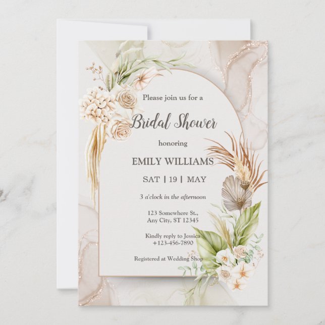 Convite Elegant Boho Tropical Pampas Grass Bridal Shower (Frente)