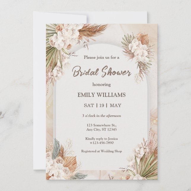 Convite Elegant Boho Tropical Pampas Grass Bridal Shower (Frente)