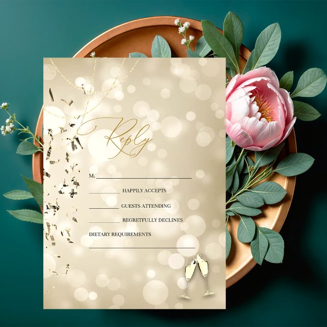 Convite Elegant Bokeh,Confetti Wine Glasses Wedding (Criador carregado)