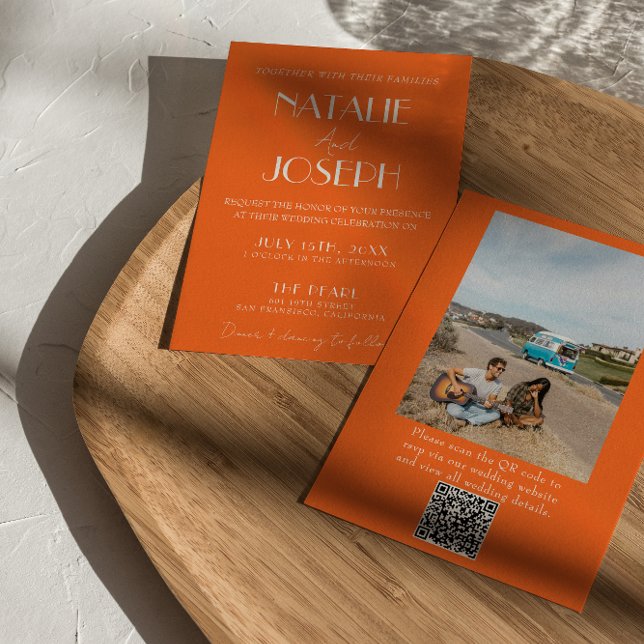 Convite Elegant Bold Orange Stylish Photo QR Code Wedding (Criador carregado)
