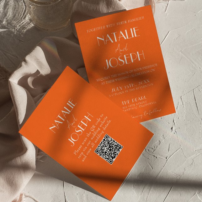 Convite Elegant Bold Orange Stylish QR Code Wedding (Criador carregado)