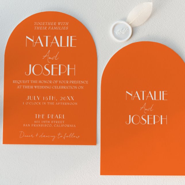 Convite Elegant Bold Orange Stylish Retro Arched Wedding  (Criador carregado)