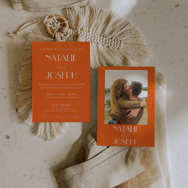 Convite Elegant Bold Orange Stylish Retro Photo Wedding (Criador carregado)