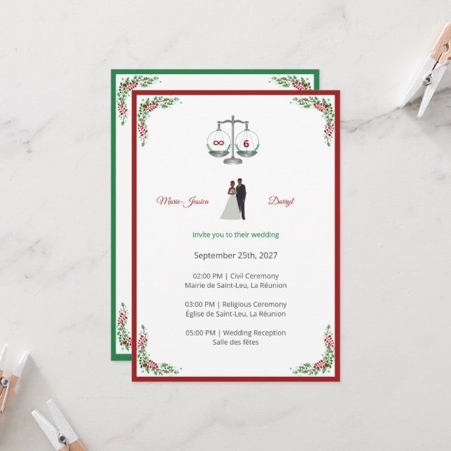 Convite Elegant Bordeaux Emerald Scale Wedding Invitation (Frente/Verso In Situ)