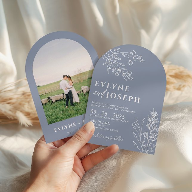 Convite Elegant Botanical Dusty Blue Boho Arched Wedding (Criador carregado)