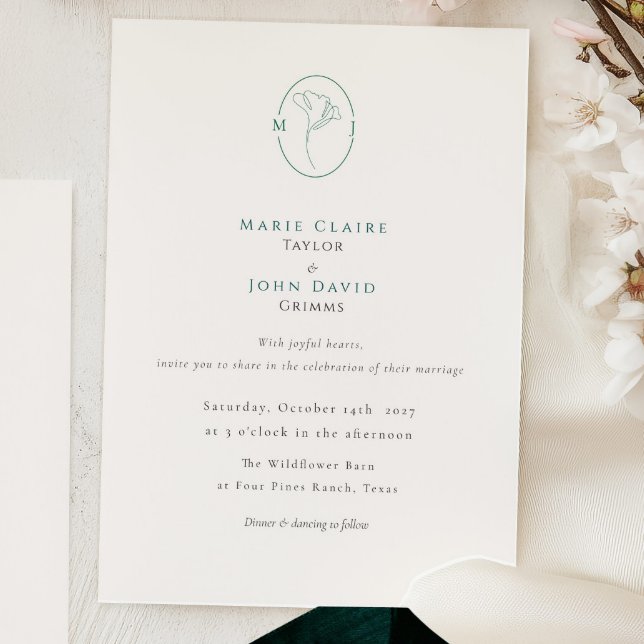 Convite Elegant Botanical Emerald Monogram Wedding (Criador carregado)