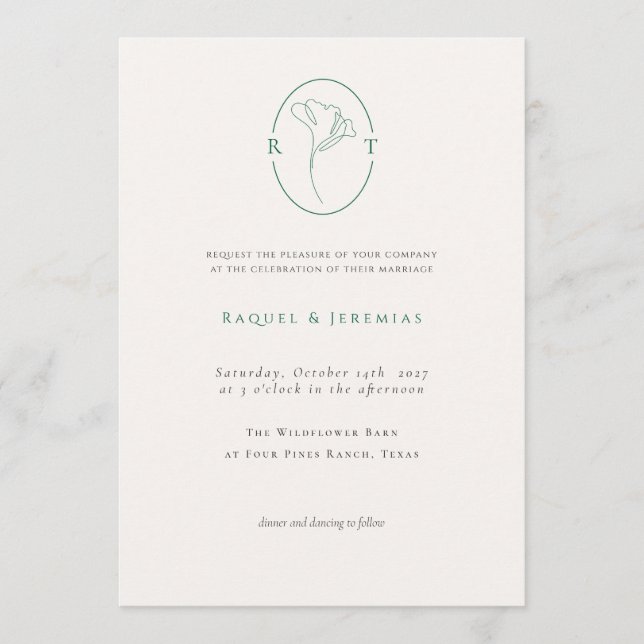 Convite Elegant Botanical Emerald Monogram Wedding (Frente)