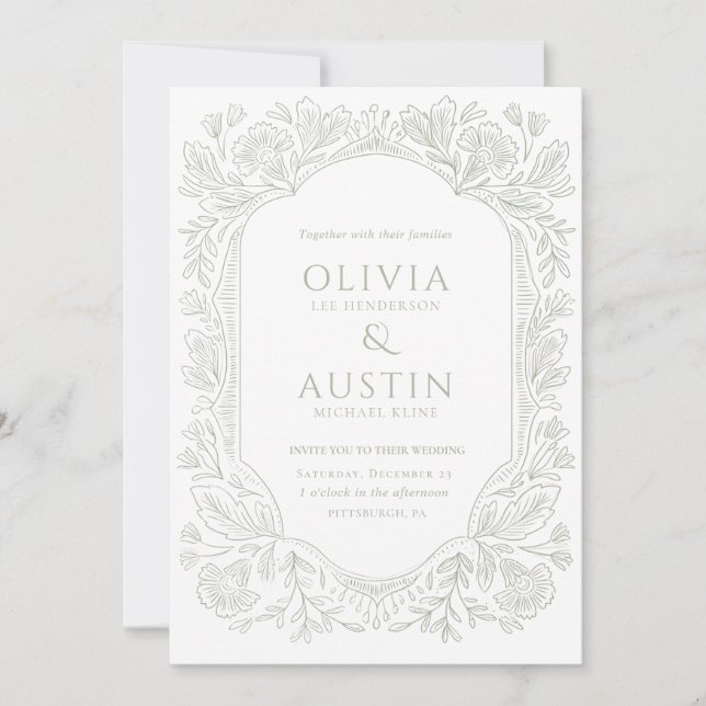 Convite Elegant Botanical Wedding | Heirloom Sage Invite (Frente)