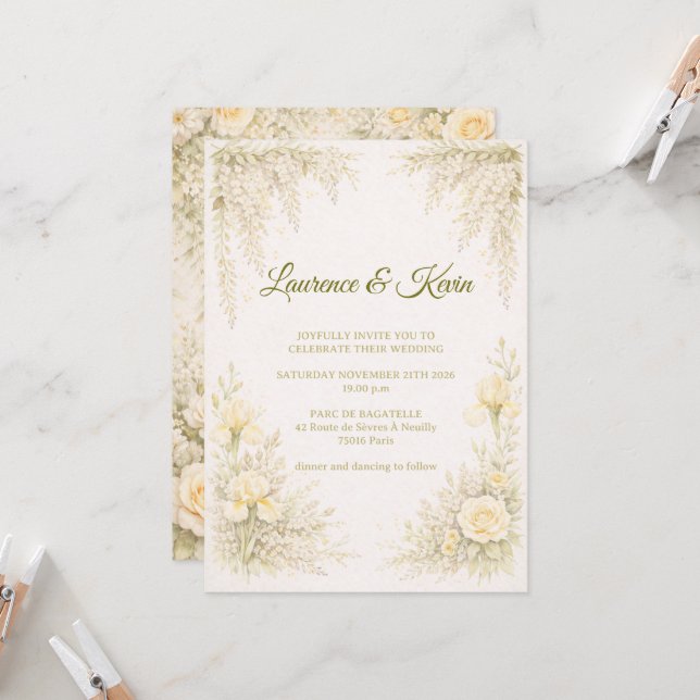 Convite Elegant Botanical Wedding Invitation Green Floral  (Frente/Verso In Situ)