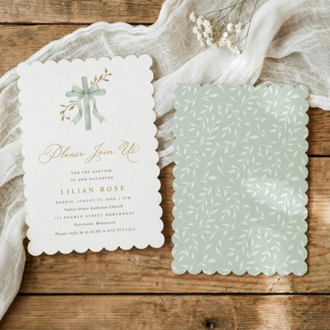 Convite Elegant Bow Cross Sage Watercolor Greenery Baptism (Elegant baptism invitation with watercolor cross, sage green bow, and scalloped edge)